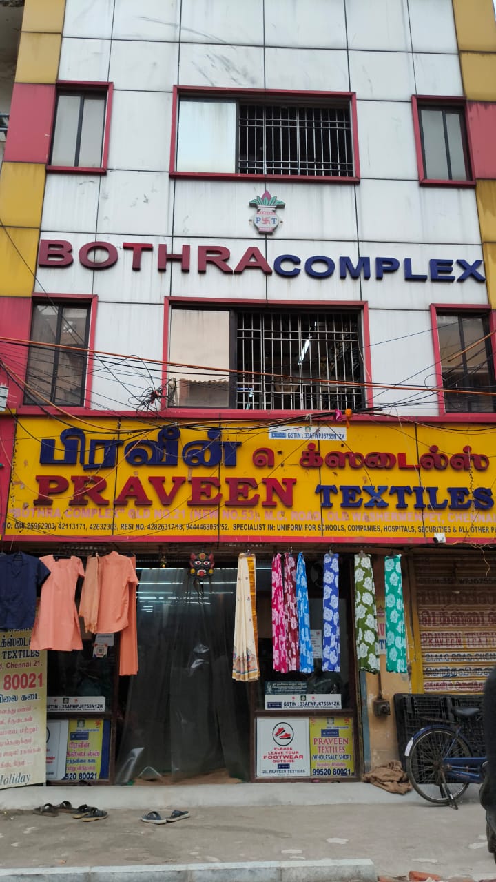 Praveen Textiles shop front — Bothra Complex, Old Washermenpet, Chennai